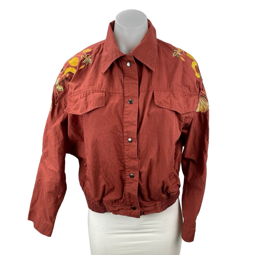 Tokyo Talkies Women's Brown Embroidered Floral Long Sleeve Button Up Shirt Top M